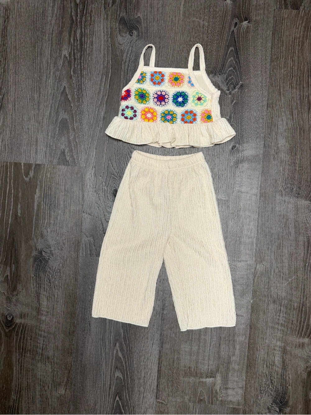 Girls Cream Knit Cropped Tank & Pants Set with Multicolor Crochet Accents